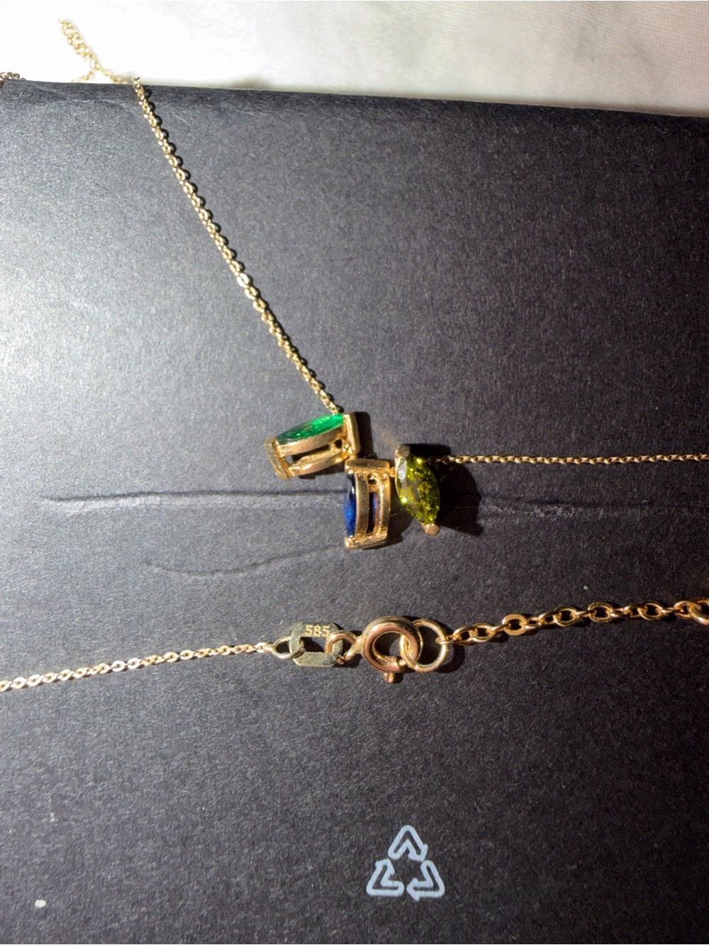 14k Gold Emerald, Sapphire, & Peridot Marquis Gemstone Necklace - Picture 3 of 4